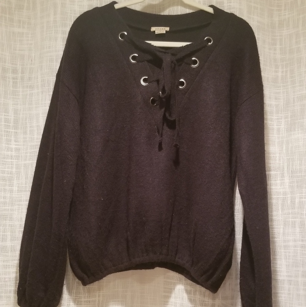 Black, cropped, lace up sweater